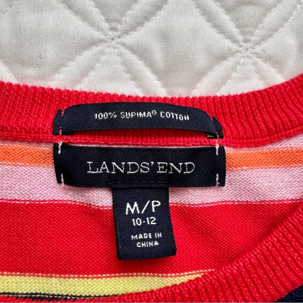 Lands' End 100% Supima Cotton Striped Crewneck 3/4 Sleeve Sweater Red Size MP